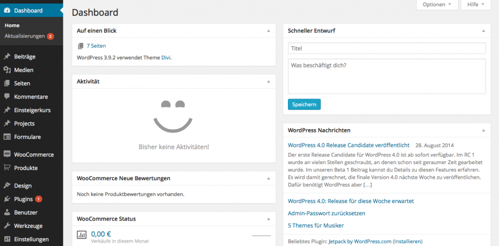 Dashboard (Startseite im Backend) von WordPress