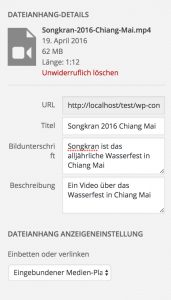 Dateianhang-Details für Videos in WordPres