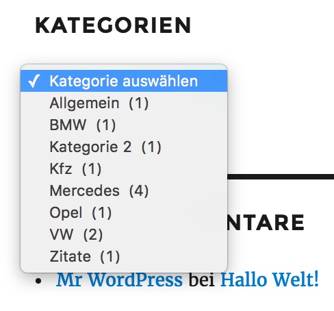 Auswahlbox für Kategorien aus dem Kategoriewidget