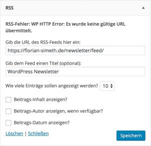 Einstellungen des RSS-Widgets in WordPress
