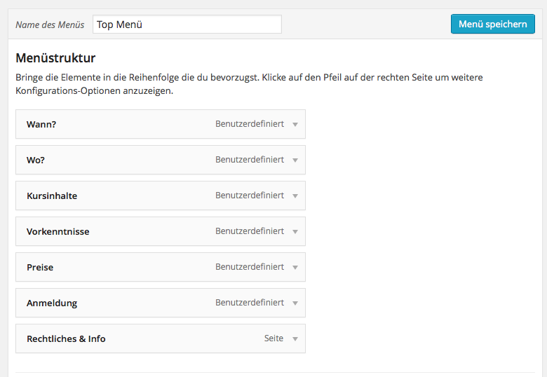 Per Drag-&-Drop die Menüinhalte in die gewünschte Position ziehen.