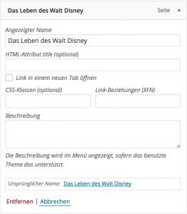 WordPress Menüoptionen