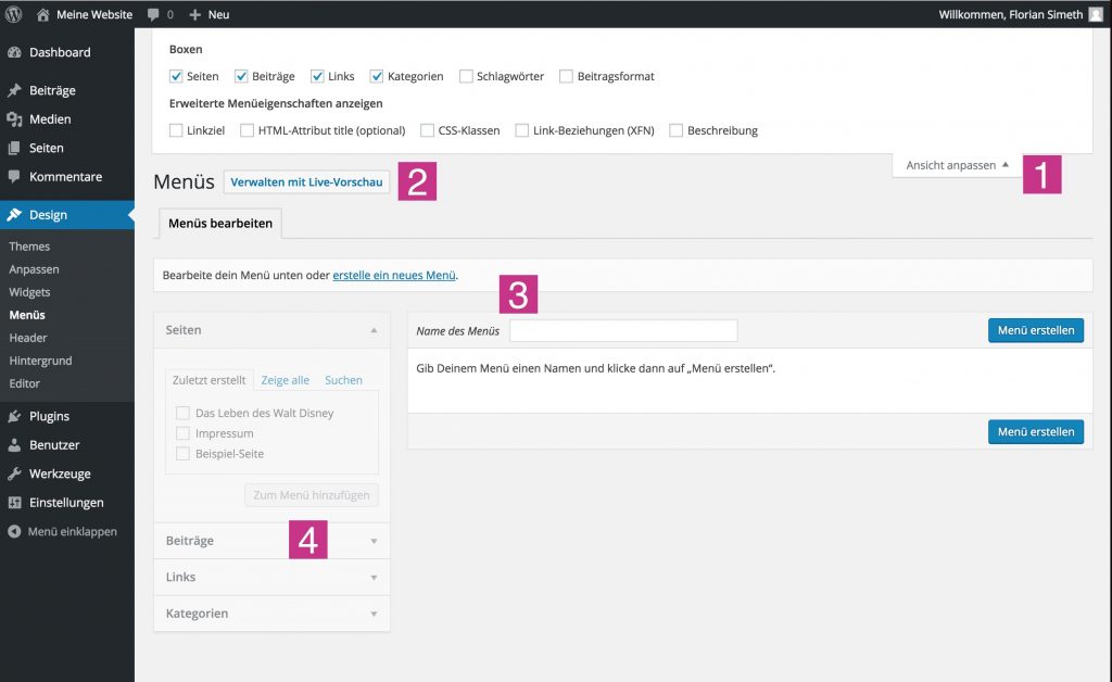 Menüübersicht von WordPress
