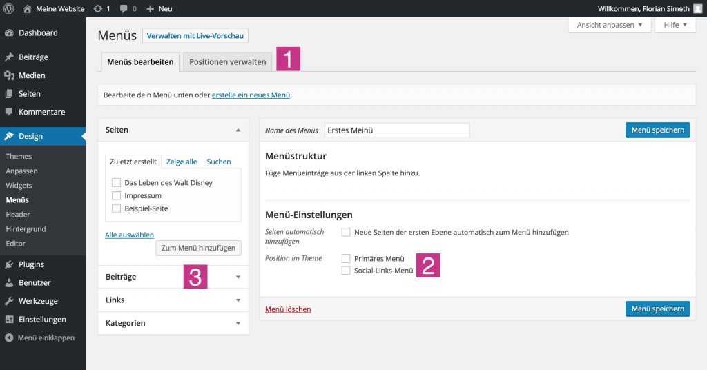 Darstellung des Backends, wenn ein neues Menü erstellt wurde