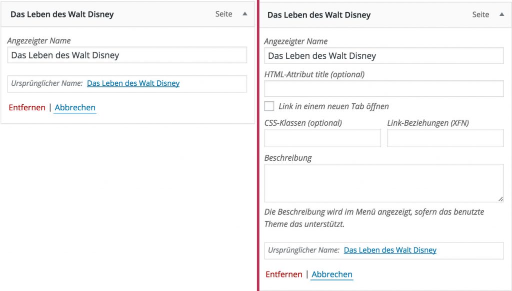 Gegenüberstellung der normalen und erweiterten Menüeigenschaften