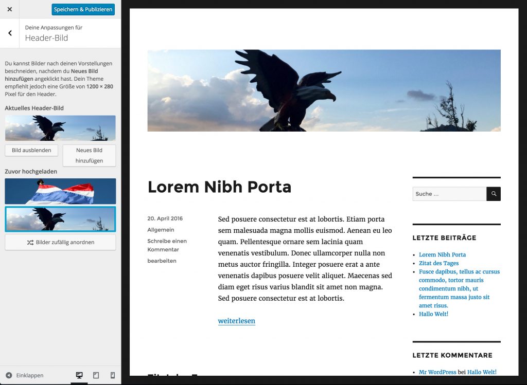 WordPress Customizer mit Headerbild-Vorschau