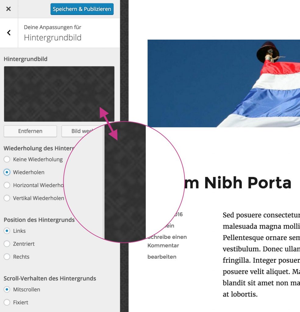 Eingefügter Hintergrund im Theme Customizer mit Vorschau