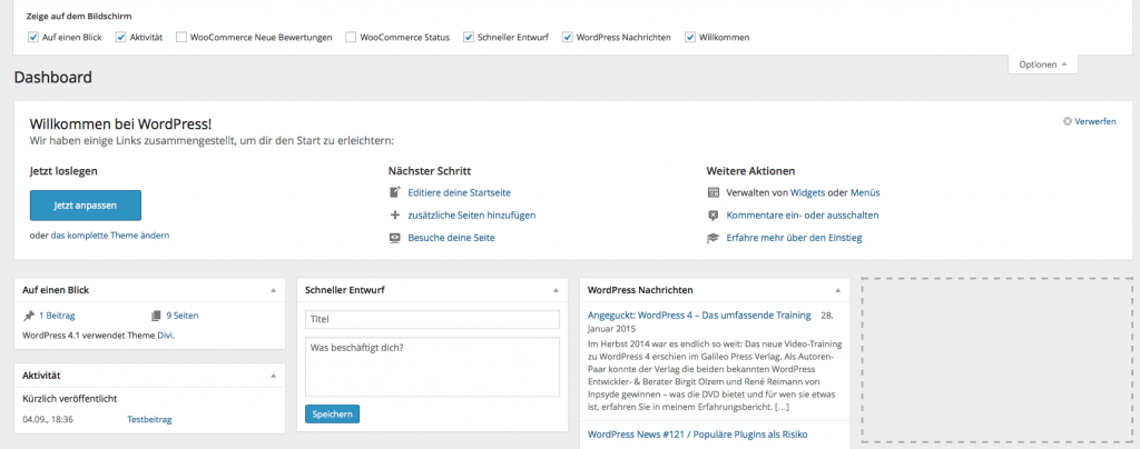 Optionenpanel Dashboard