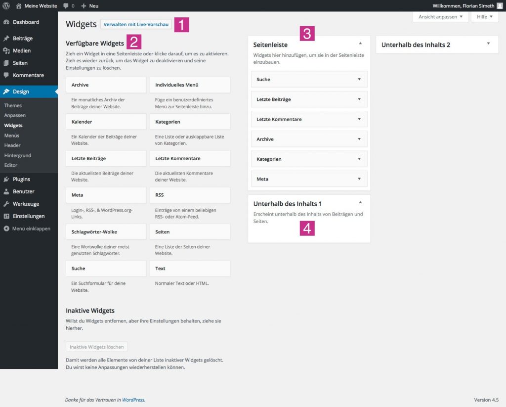 WordPress-Einstellungsseite für Widgets
