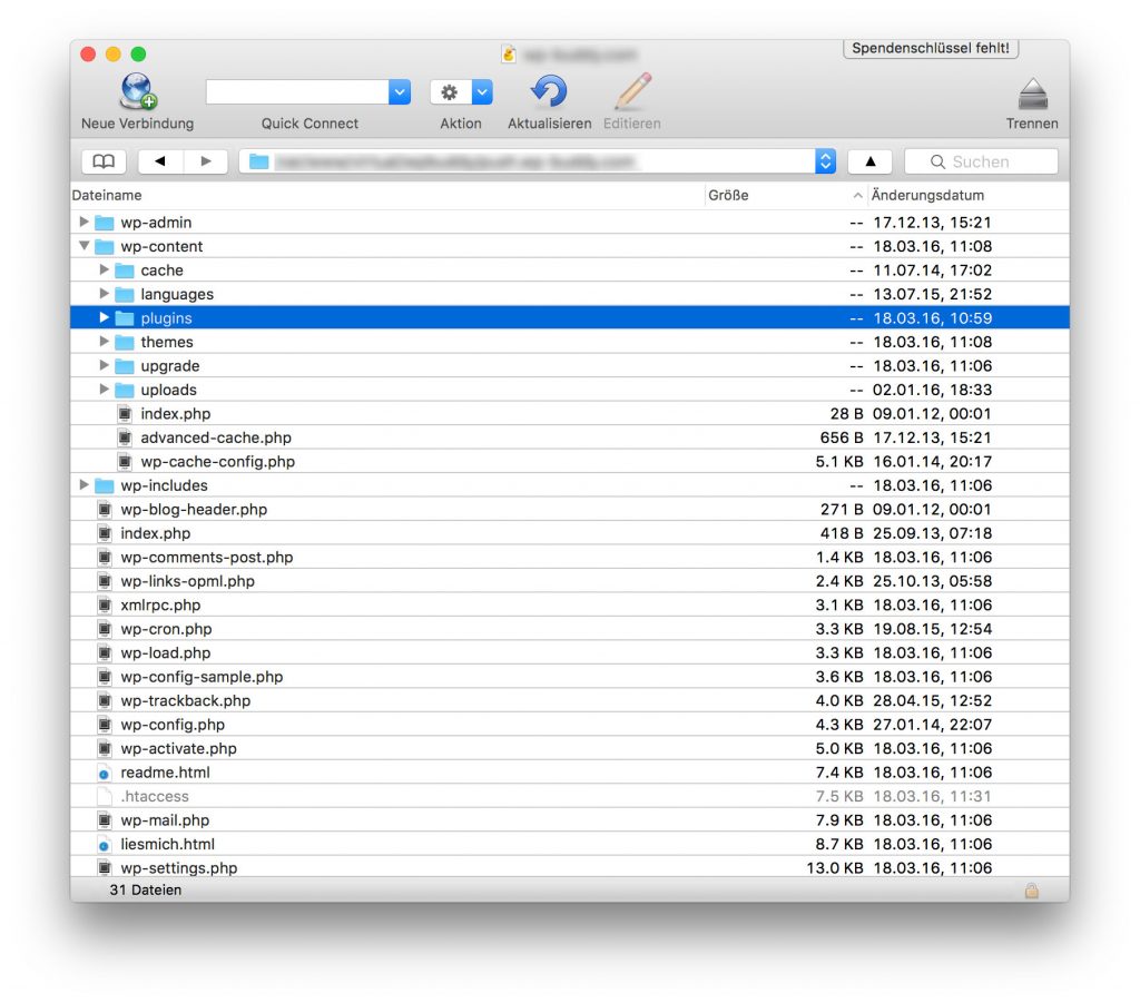Cyberduck mit WordPress plugins Verzeichnis