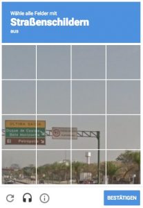 Google reCaptcha Rätsel mit der Frage nach Straßenschildern