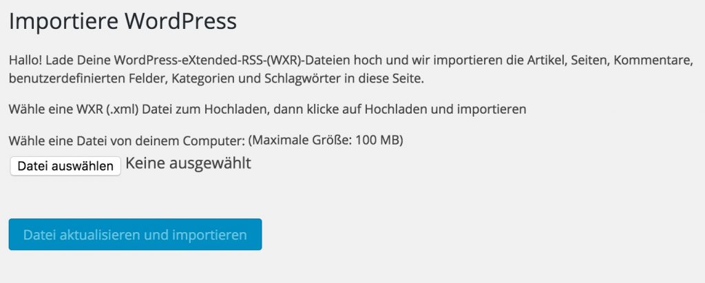 Formular zum Importieren einer XML-Datei in WordPress