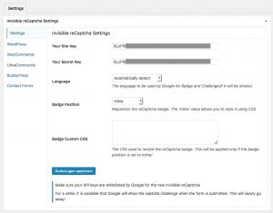 Einstellungsseite des Google reCaptcha Plugins