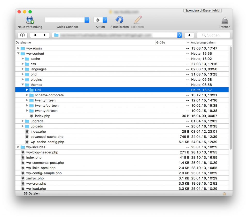 FTP-Ordner mit hochgeladenem WordPress Theme