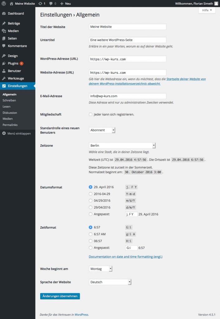 Allgemeine Einstellungen in WordPres