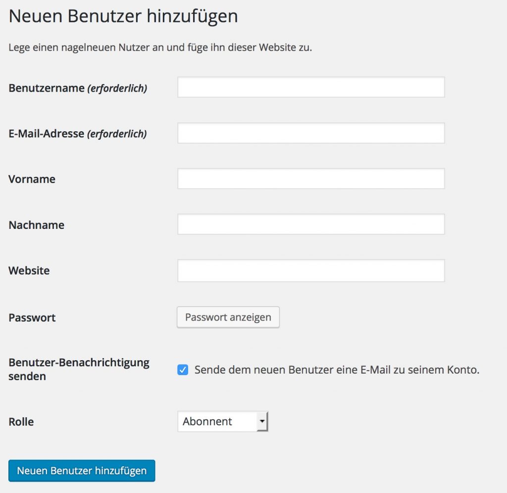 Eingabeformular zum Anlegen eines neuen Benutzers in WordPress