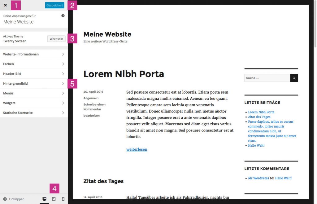 WordPress Customizer in TwentySixteen