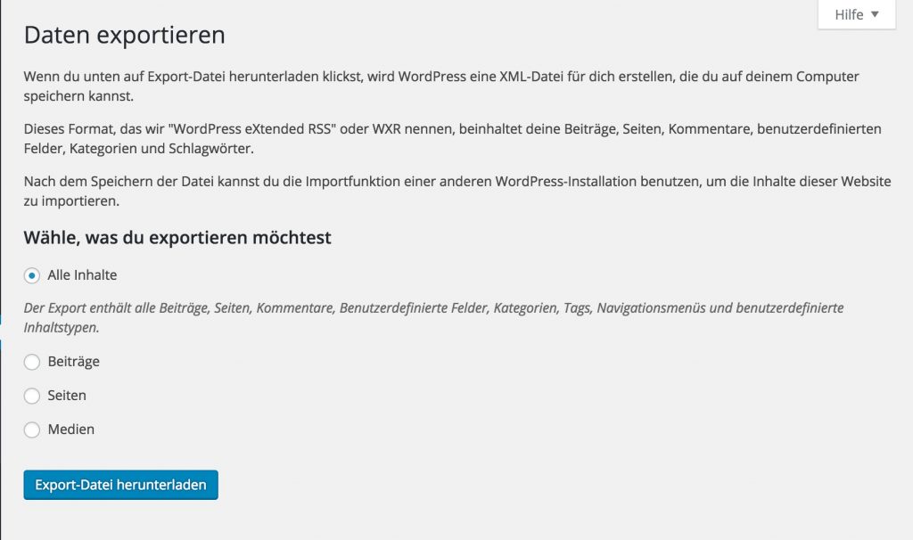 Formular zum Exportieren von Daten