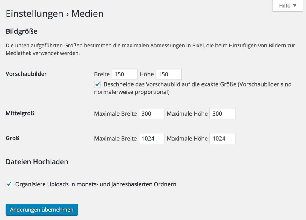 Einstellungen für Medien in WordPress