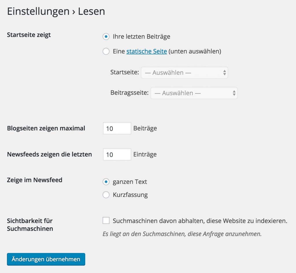 Formular für Lese-Einstellungen in WordPress