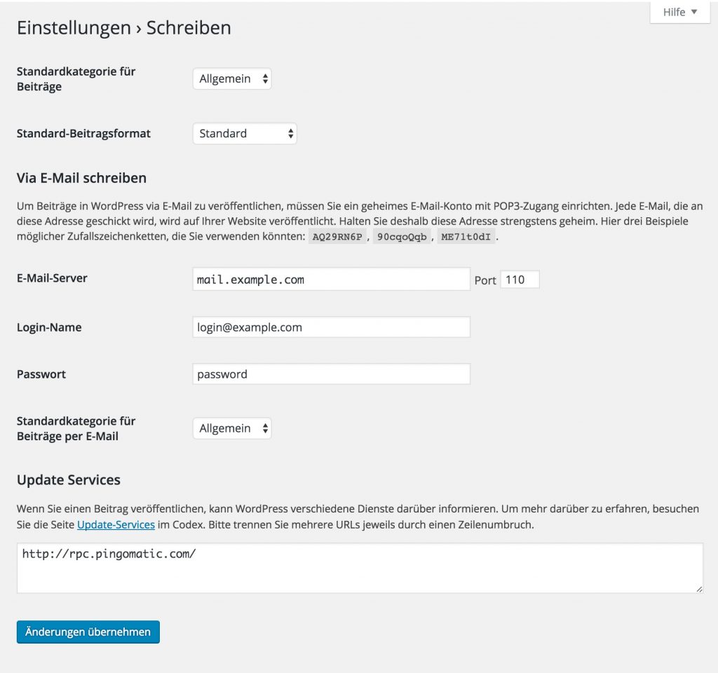 Schreib-Einstellungen in WordPress