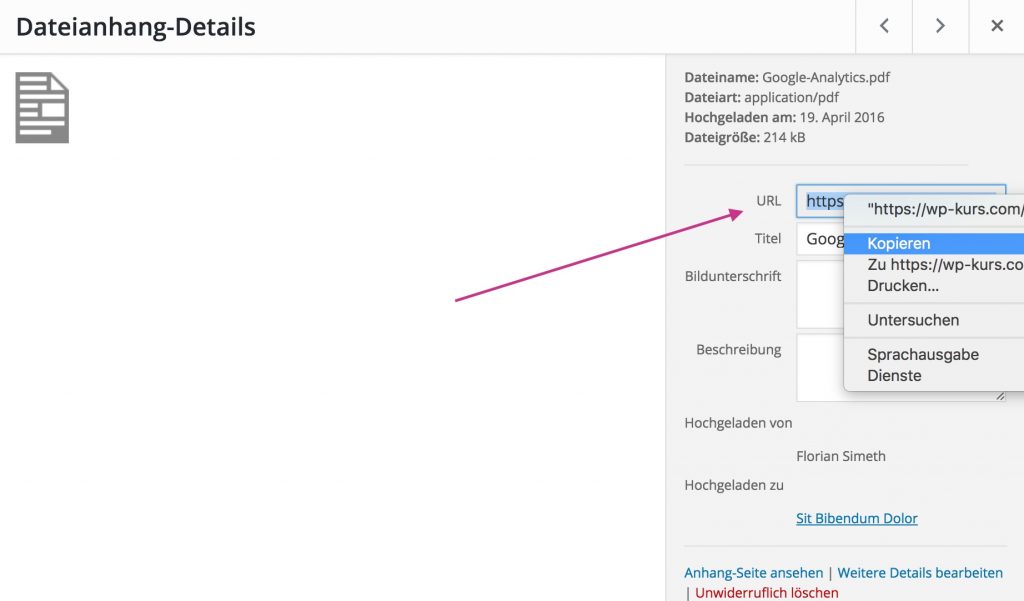 Dateianhang-Details mit Kopie der URL
