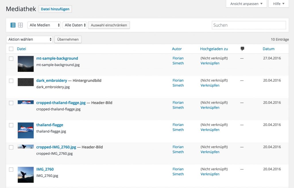 Listenansicht der Medien in WordPress