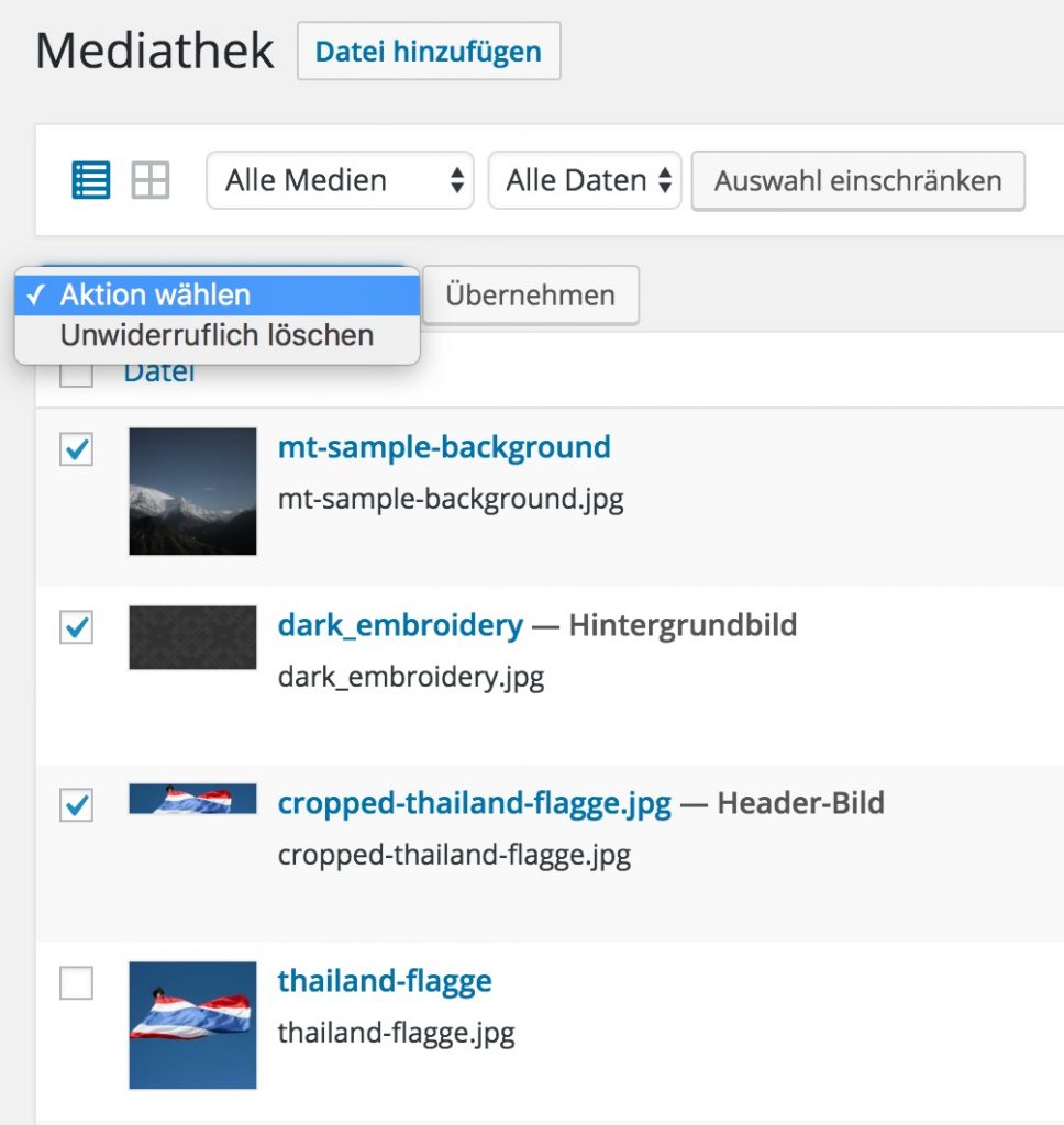 Auswahl zum Löschen von Medien in der Listenansicht