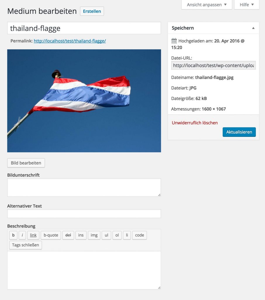 Formular zum Bearbeiten eines Mediums in WordPress