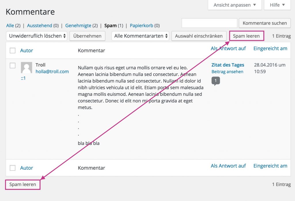 Spamkommentare auf einen Schlag löschen
