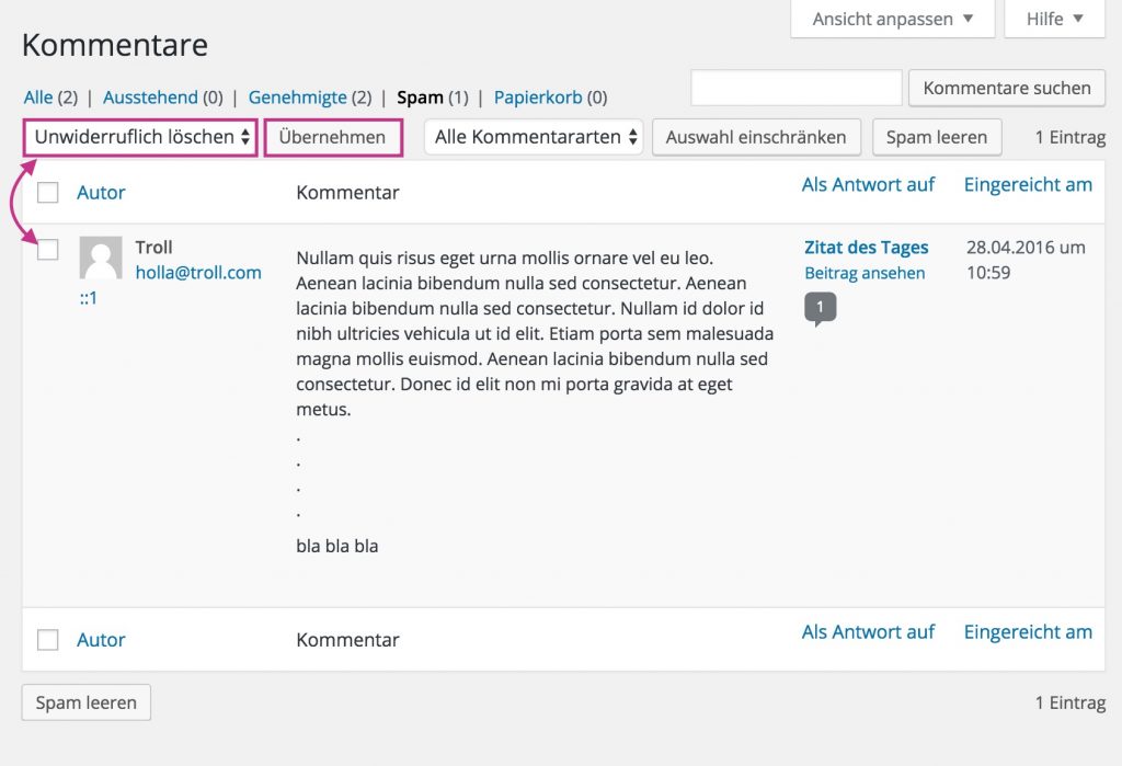 Spamkommentare löschen