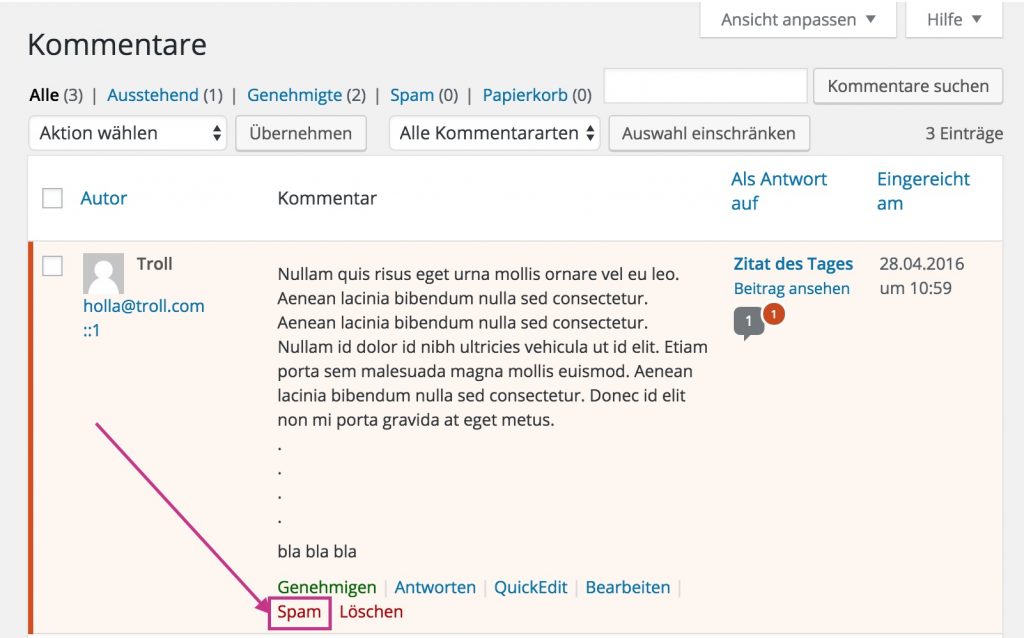 Kommentar als Spam markieren