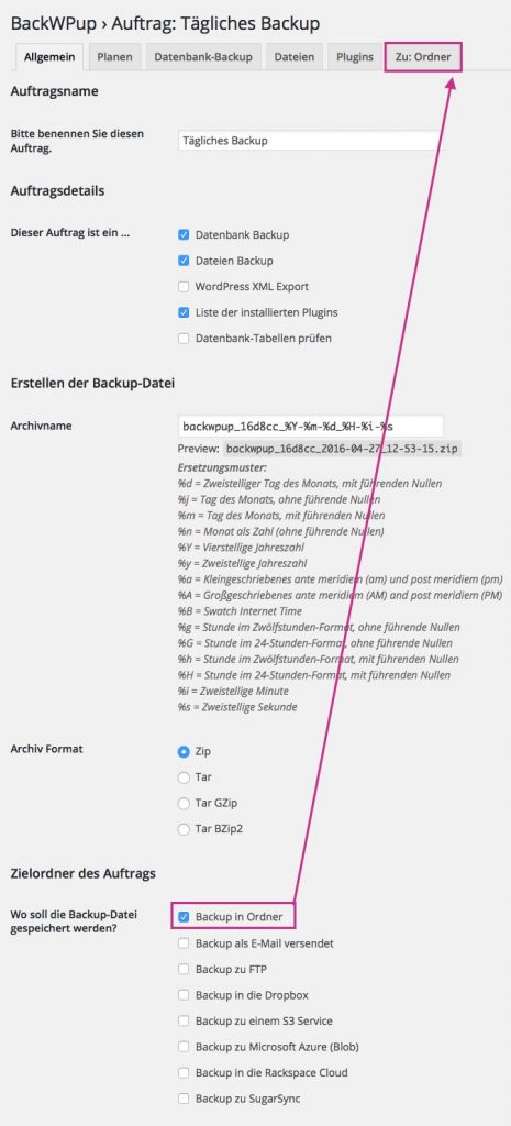 Einstellungsseite von BackWPup zum Erstellen eines neuen Auftrags