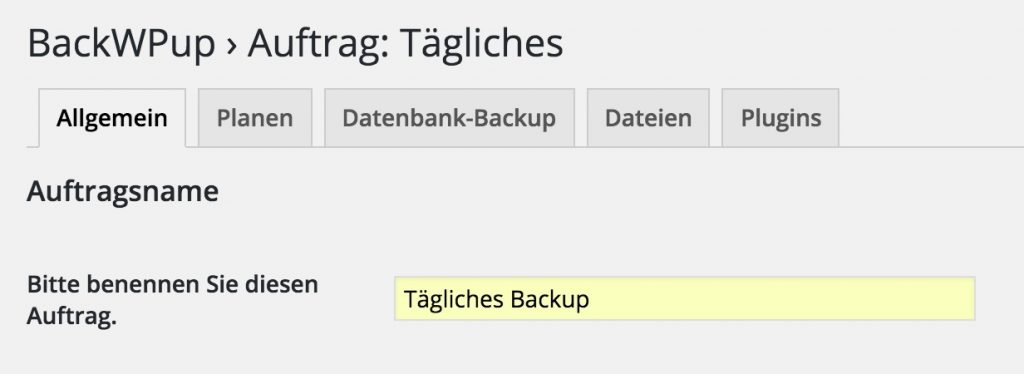BackWPup Formular zur Eingabe einer Bezeichnung