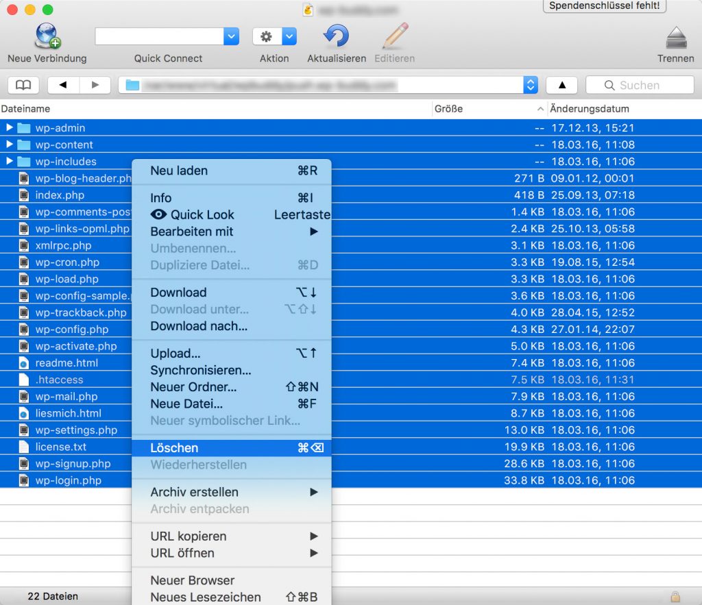Liste aller WordPress Dateien im FTP-Programm markiert zum Löschen
