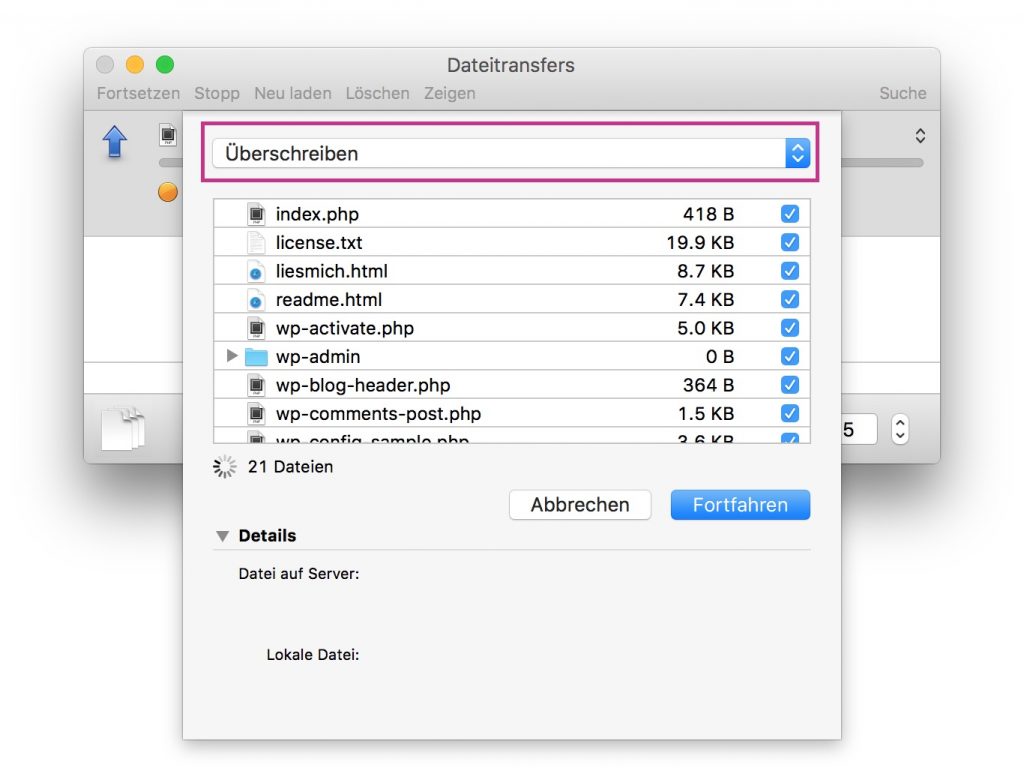 Dateitransfer-Bildschirm mit Frage zur Überschreibung in CyberDuck