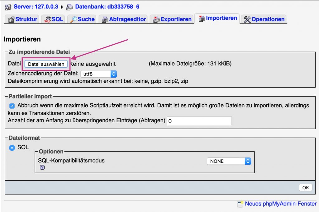 Formular zum Importieren in phpMyAdmin