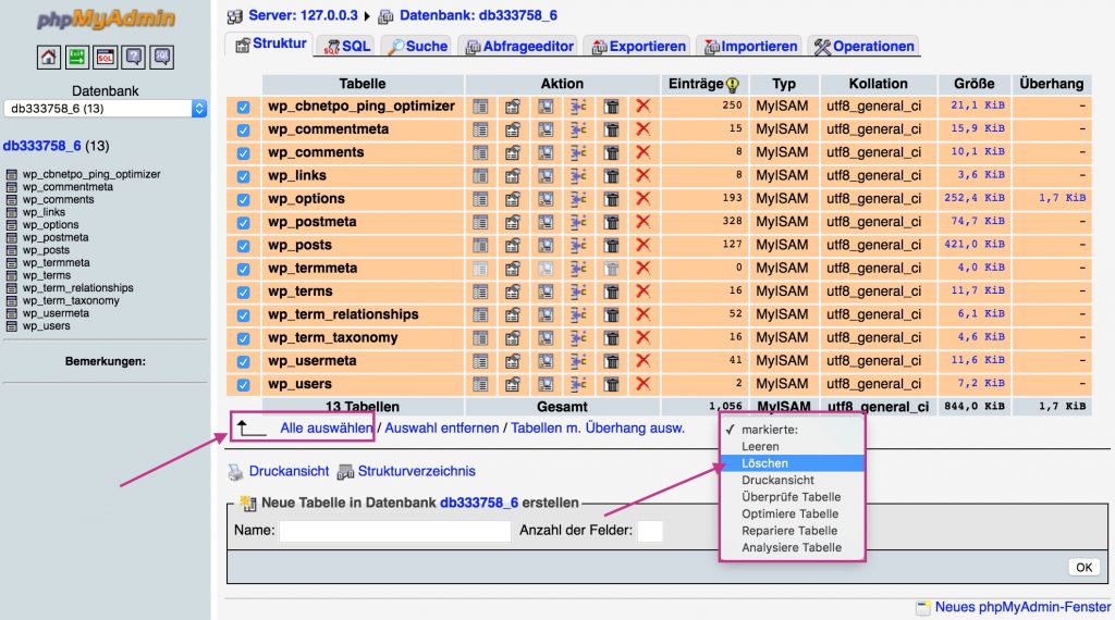 Markierte Tabellen in phpMyAdmin. Bereit zum Löschen.