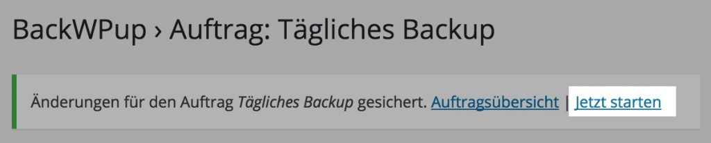 Erfolgsmeldung nach dem Speichern der Einstellungen bei BackWPup