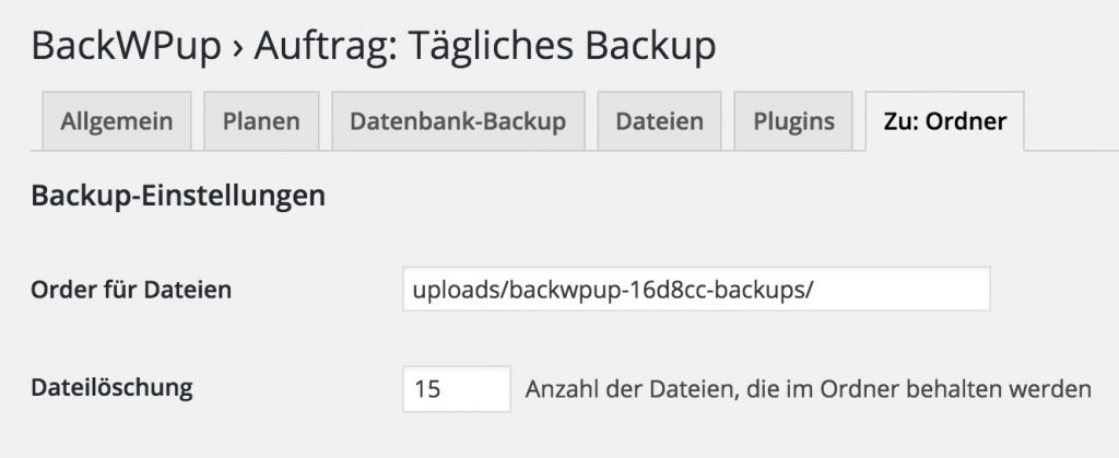 Einstellungen zum Tab 'Ordner' in BackWPup