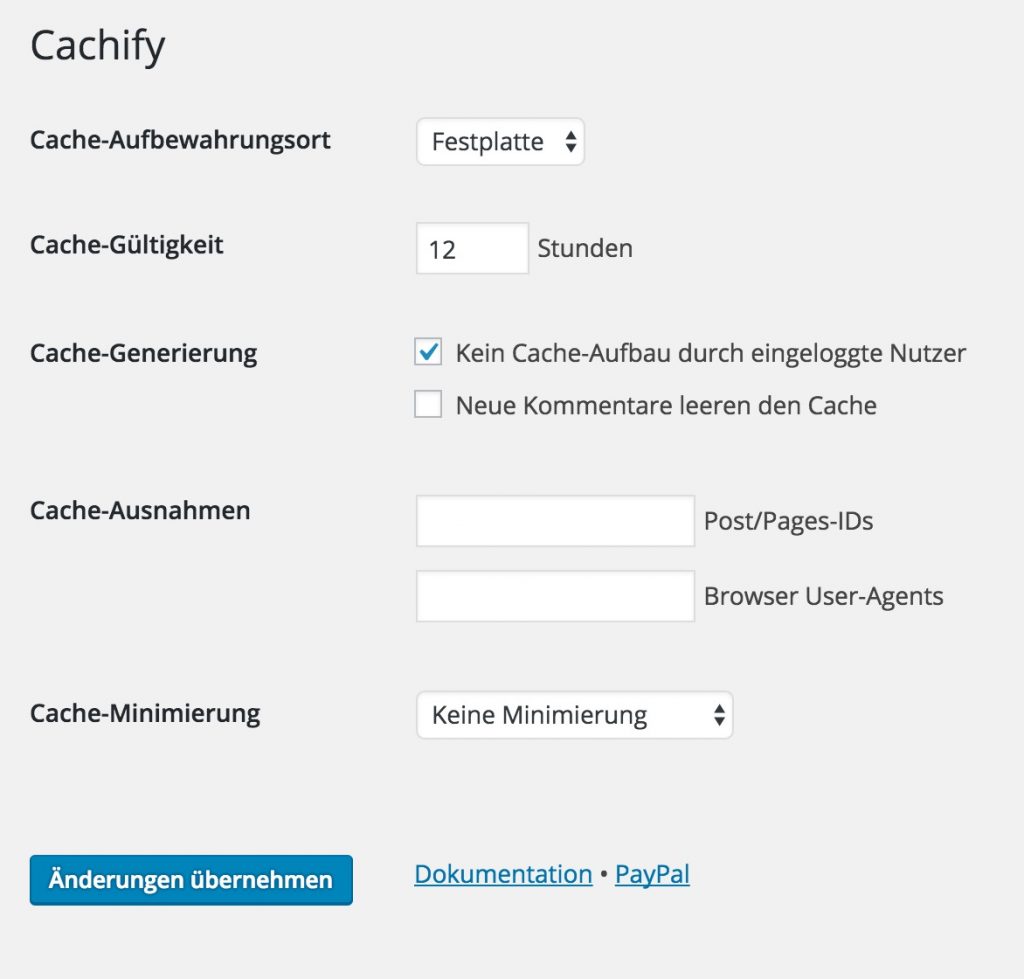 Cachify-Einstellungen
