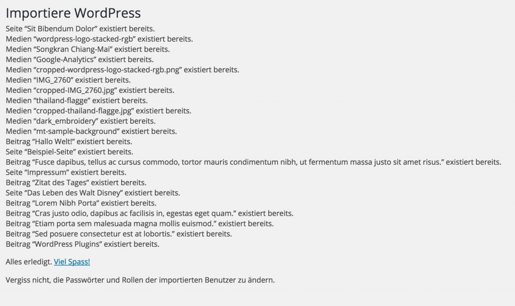 Abschlussmeldung von WordPress nach dem Import