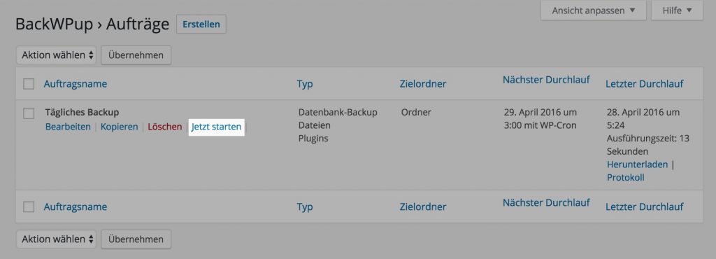 Auftragsübersicht in BackWPUp
