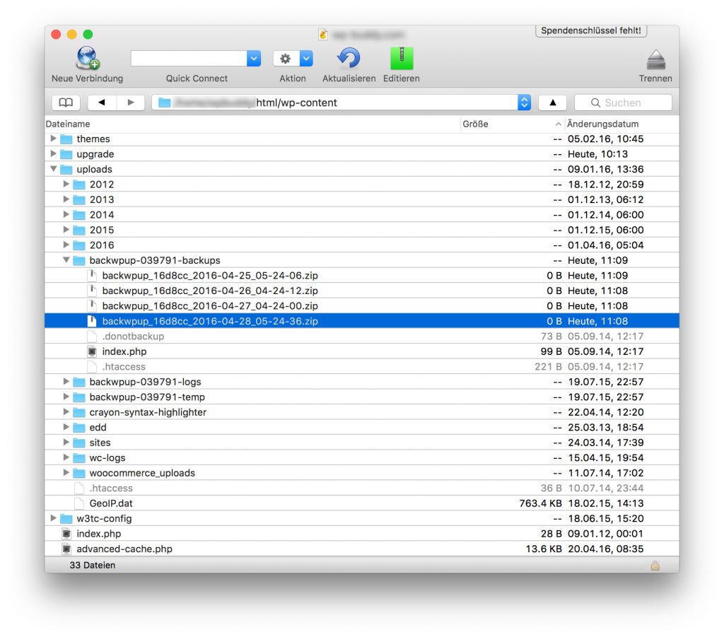 FTP-Ordner mit Liste der Backups aus BackWPup