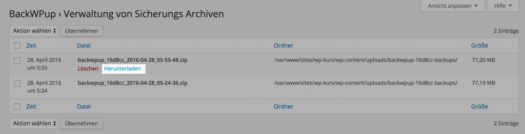 Liste von Backups in BackWpup