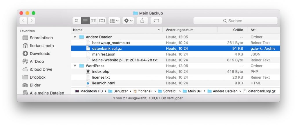 Datenbank-Backup im Finder auswählen