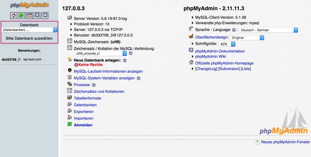 phpMyAdmin Oberfläche