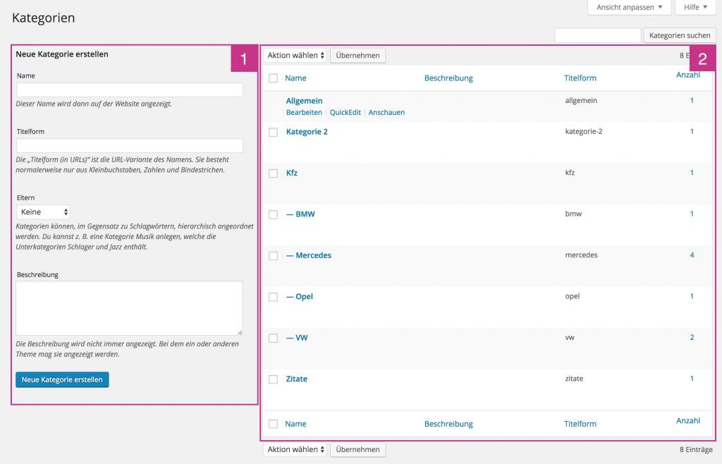 Taxonomie-Übersichtsseite