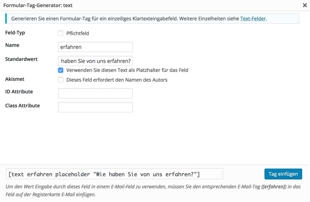 Ausgefüllte Felder beim Einfügen eines Textfelds in Contact Form 7