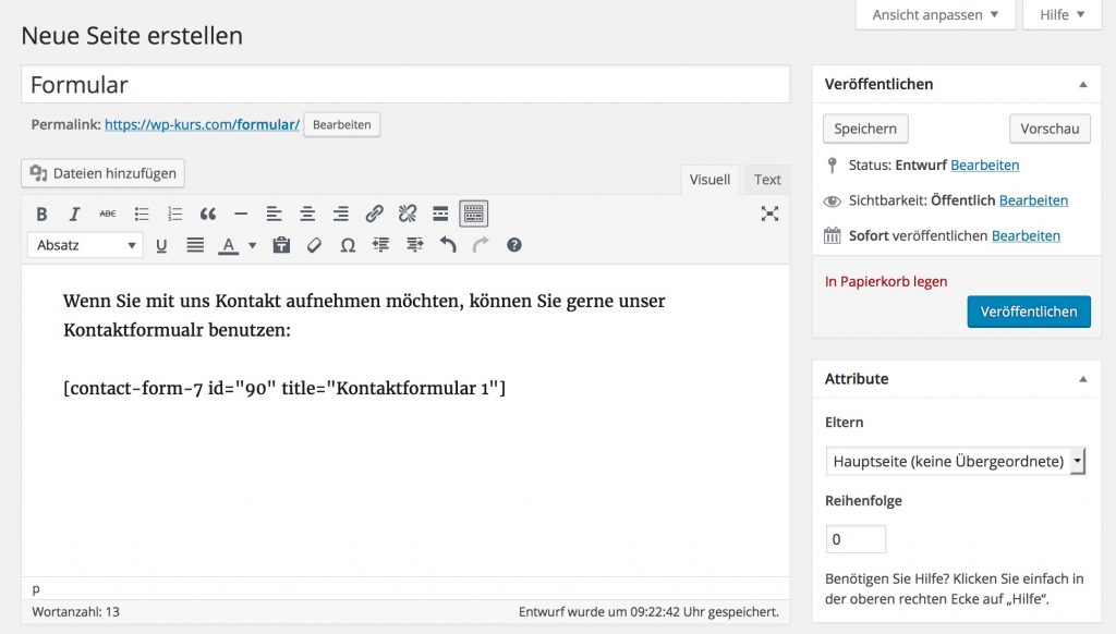 Eingefügter Shortcode im WordPress Editor